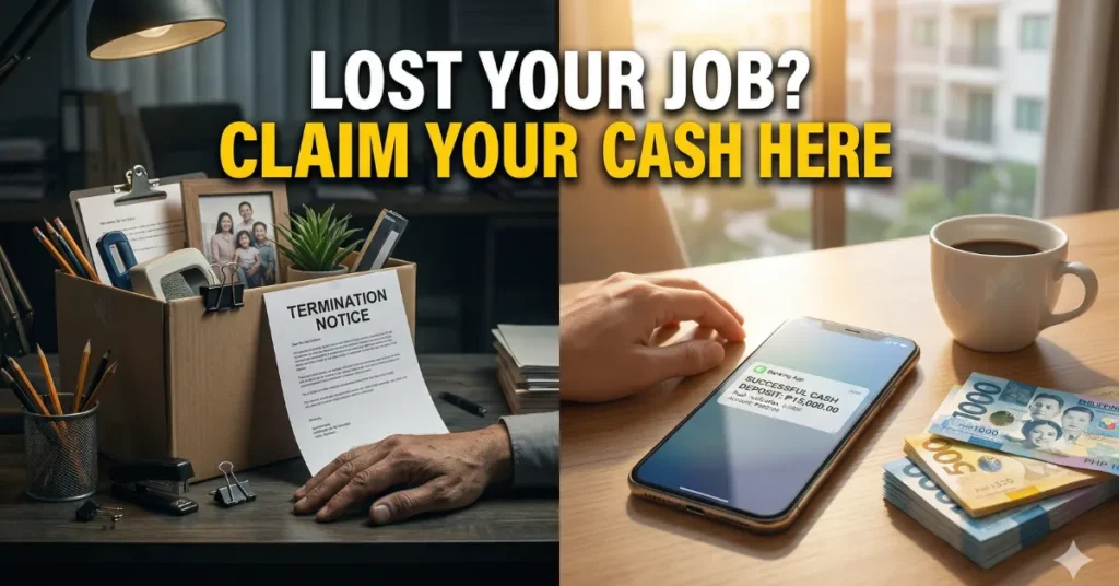 SSS Unemployment Benefit cash guide showing how to claim emergency assistance after an unexpected job loss in the Philippines.